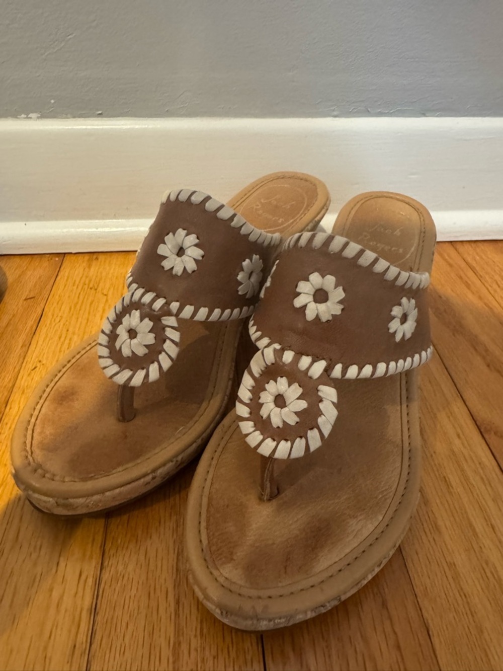 Womens Jack Rogers Marbella Leather Cork Wedge Thong Sandals Size 6 Preppy